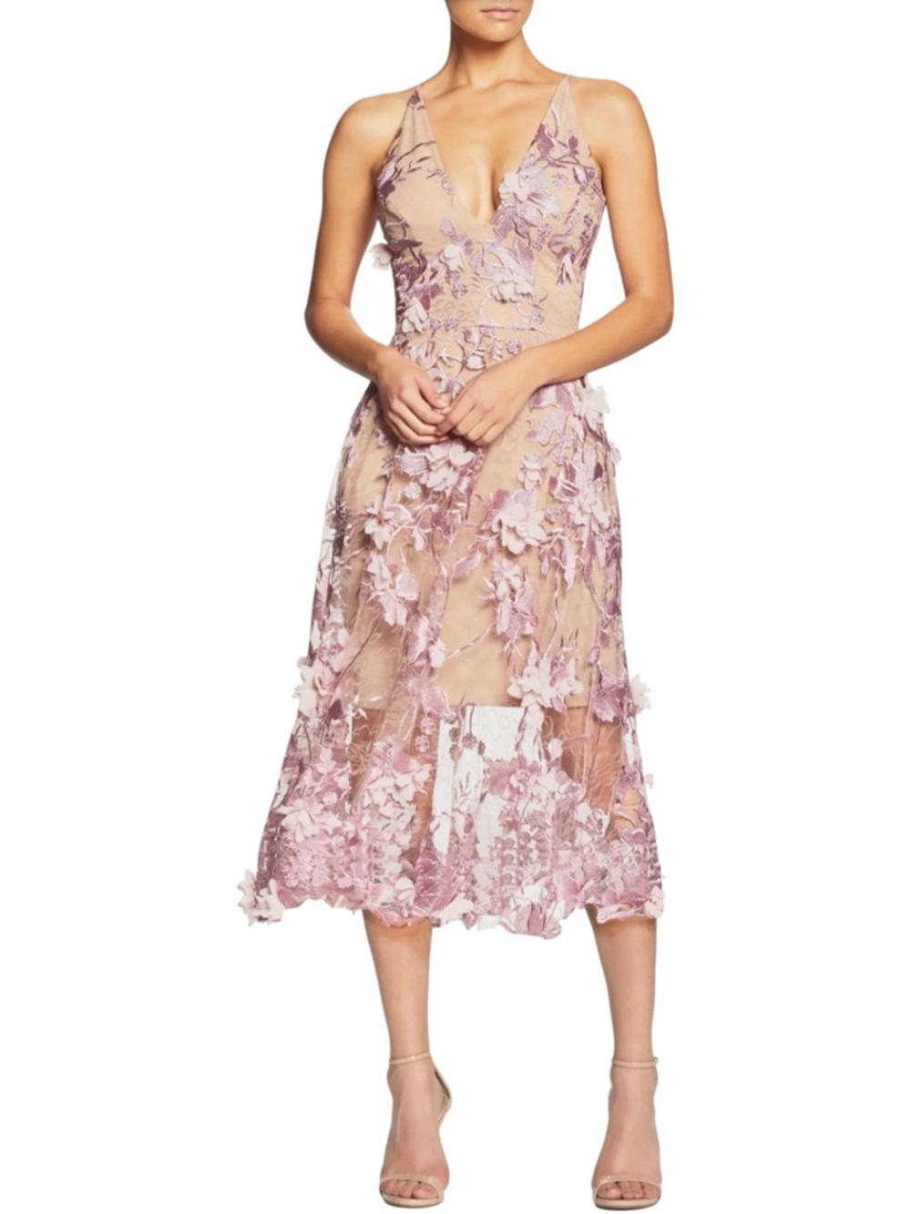 Dress the Population Audrey V-Neck Floral Applique Midi Dress